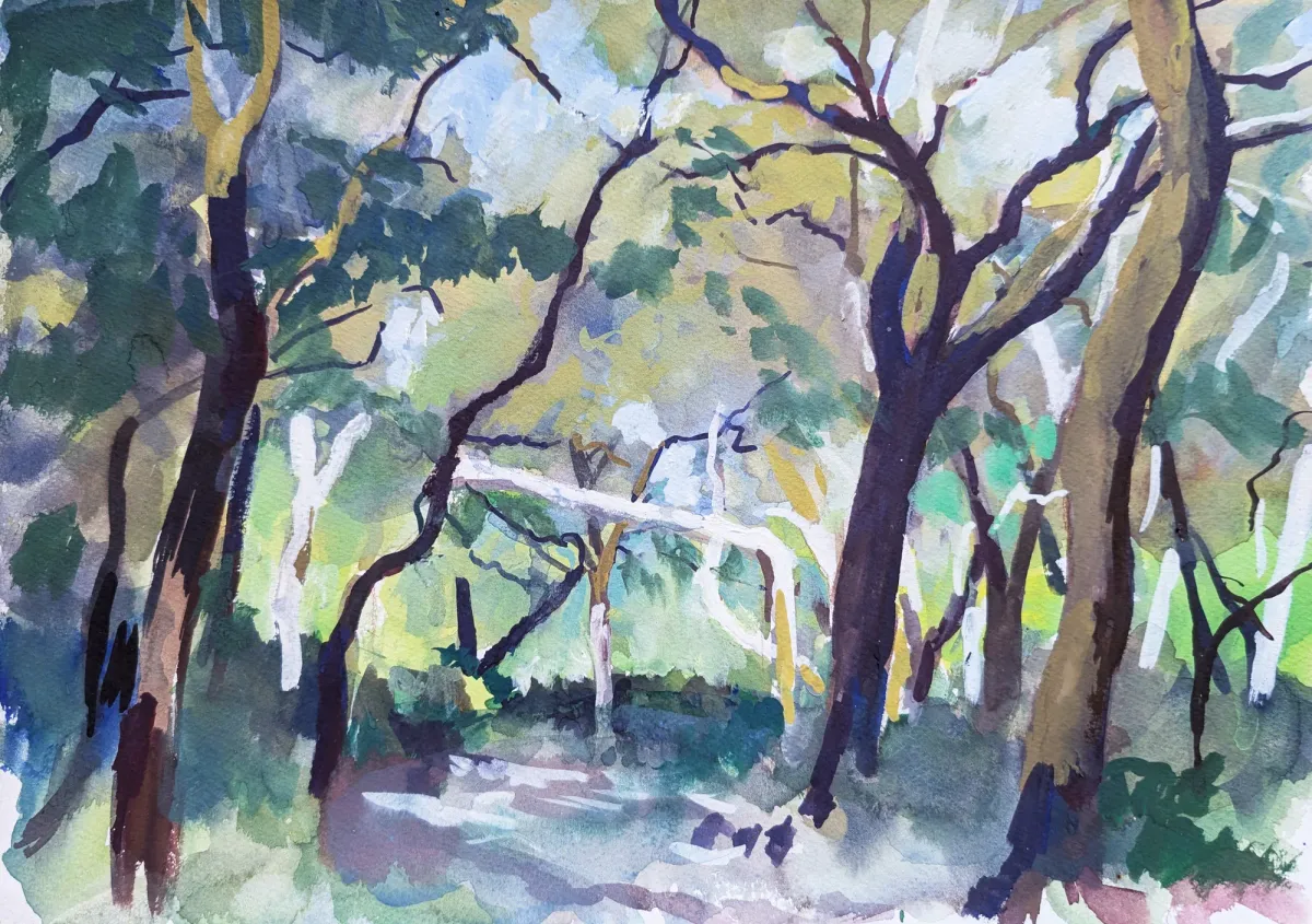 Eerie Cork Oak Woods Sicily - Gouache painting of cork oak woods near Buccheri, Sicily by Nicholas Stedman