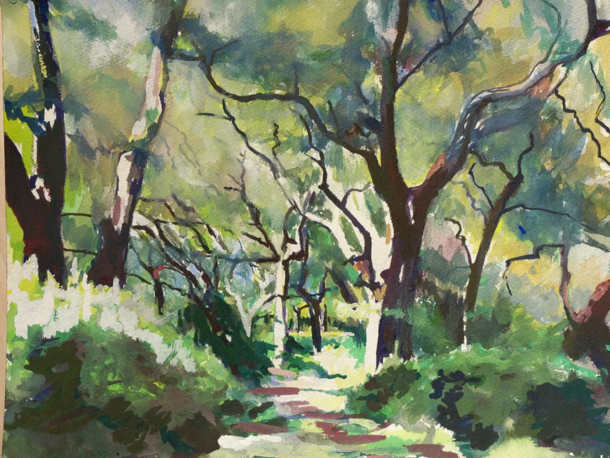 Path Through Summer Cork Oak Woods Sicily - Gouache painting of cork oak woods near Buccheri, Sicily by Nicholas Stedman