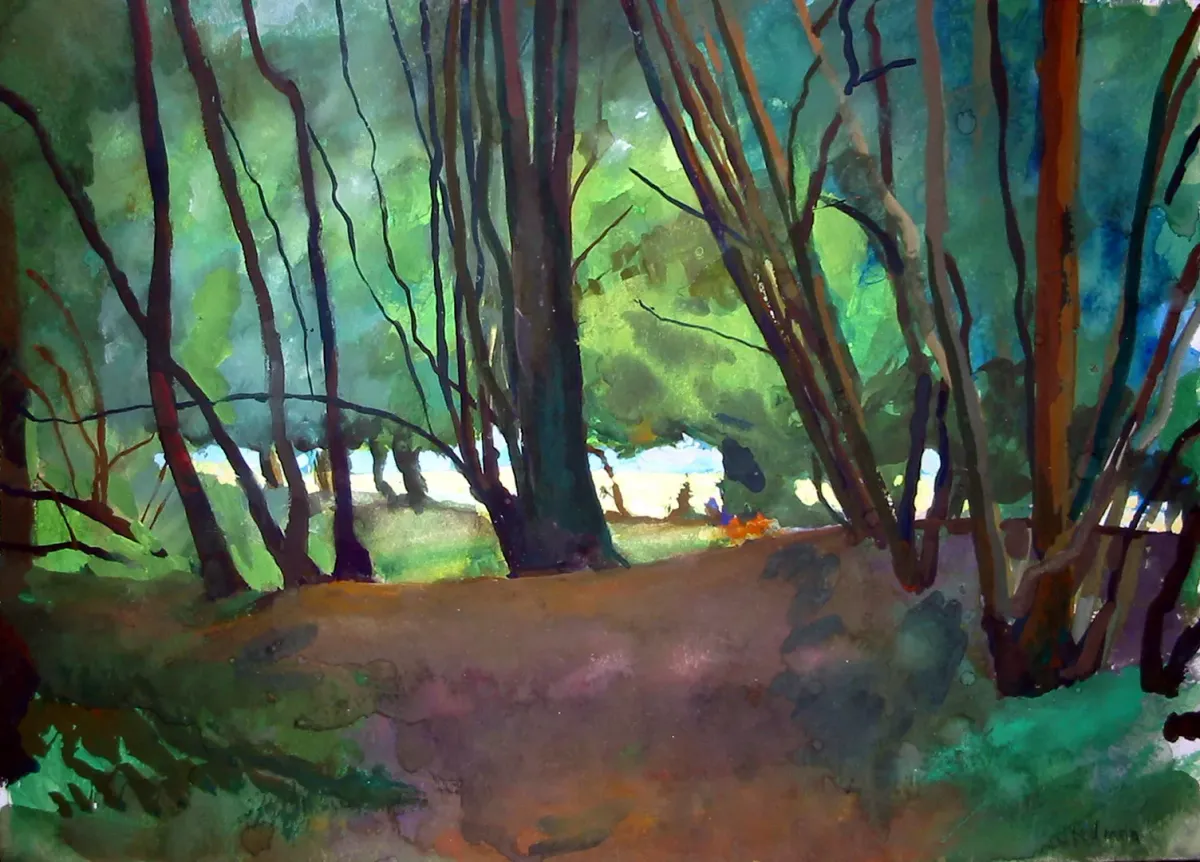 Lower Hadres Woodland Edge - Gouache painting by Nicholas Stedman capturing the spirit of the landscape