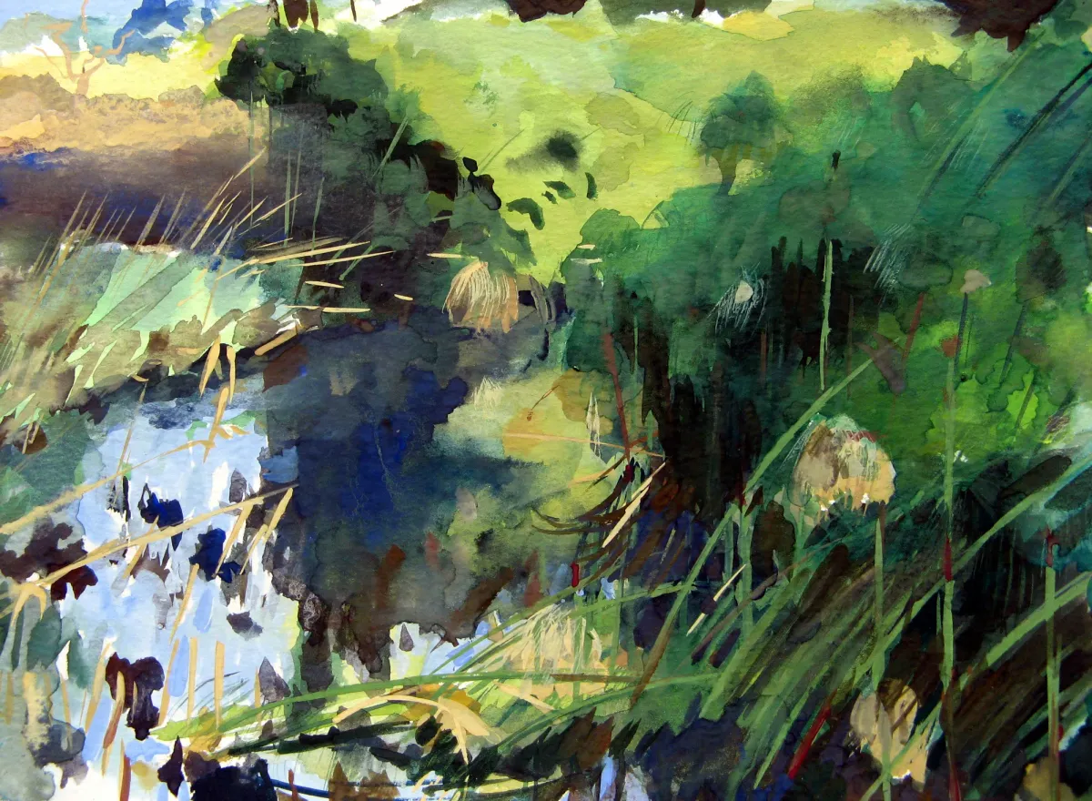 Ciane Winter River Composition - Gouache painting of the Ciane River and papyrus, Siracusa by Nicholas Stedman