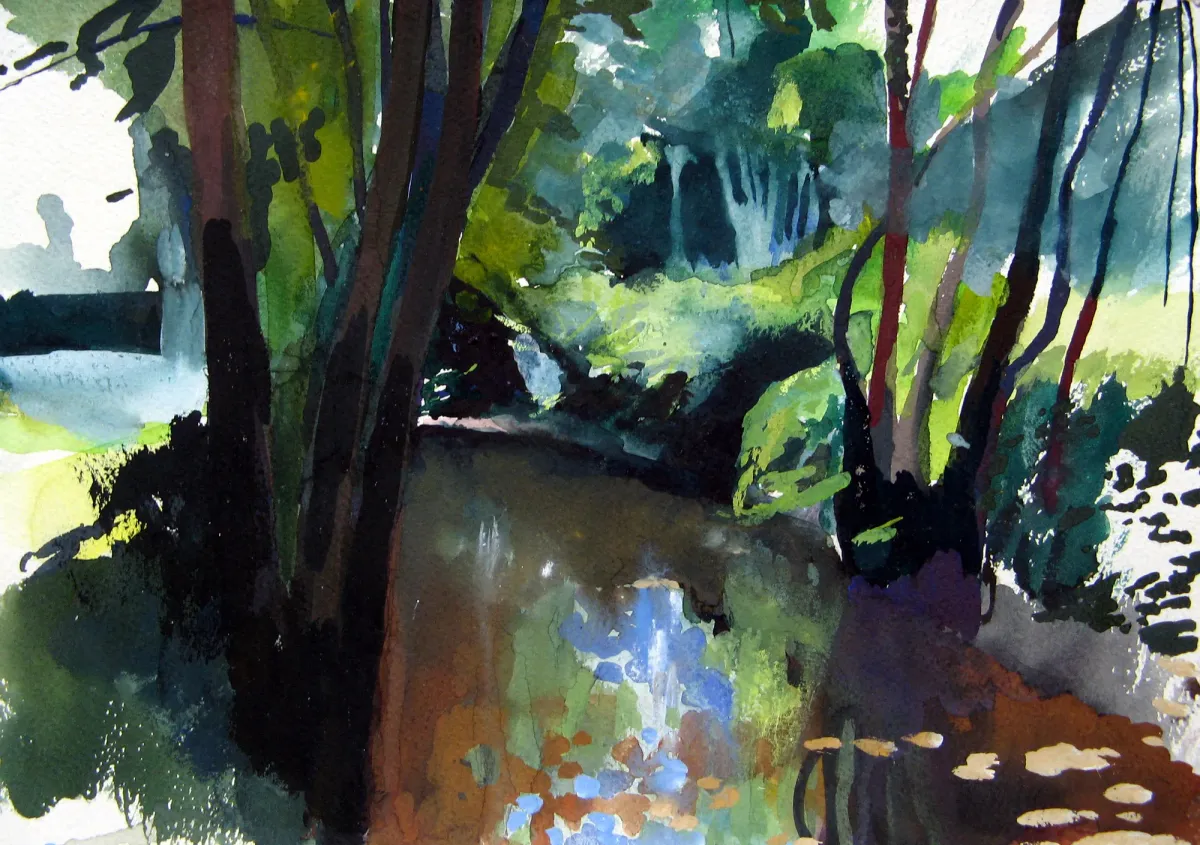 France Stream Ruisseau Lot - Gouache painting by Nicholas Stedman capturing the spirit of the landscape