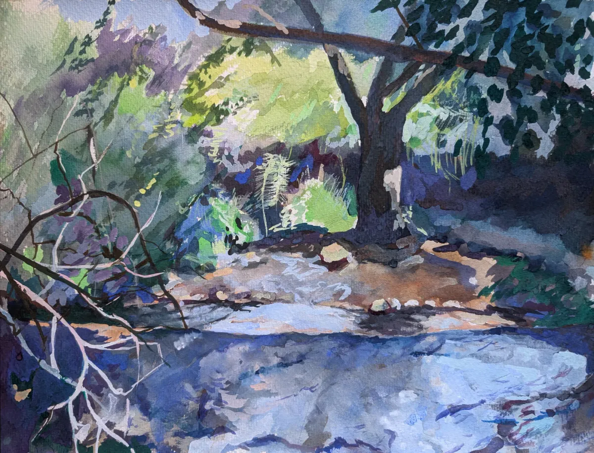 Above the Naca Nica Waterfall - Gouache painting by Nicholas Stedman capturing the spirit of the landscape