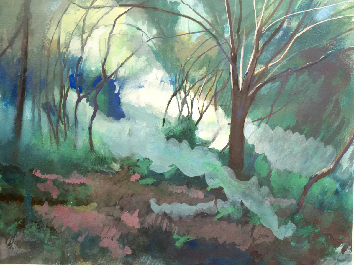 Sunlit Woods Sicily - Gouache painting by Nicholas Stedman capturing the spirit of the landscape