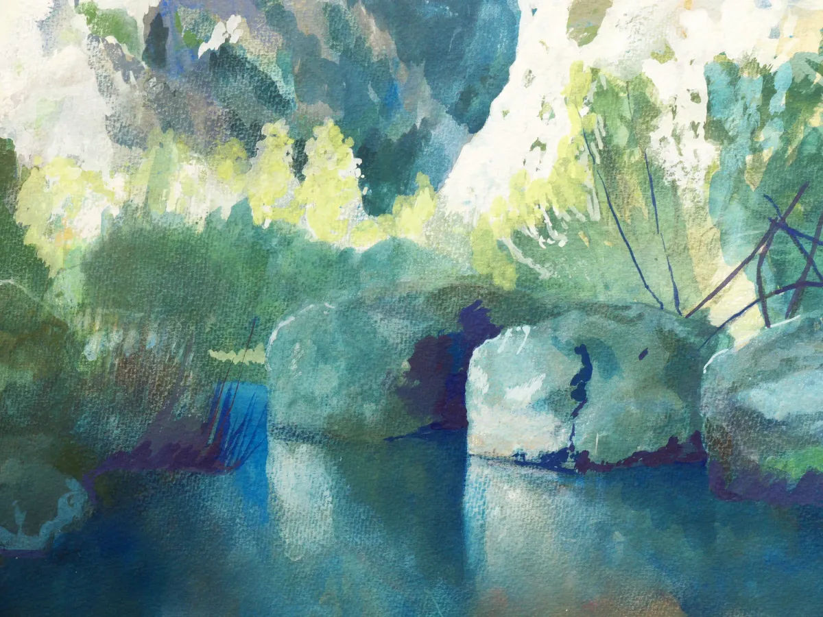 Foreboding Rocks on Anapo River - Painting of Pantalica canyon, Sicily by Nicholas Stedman