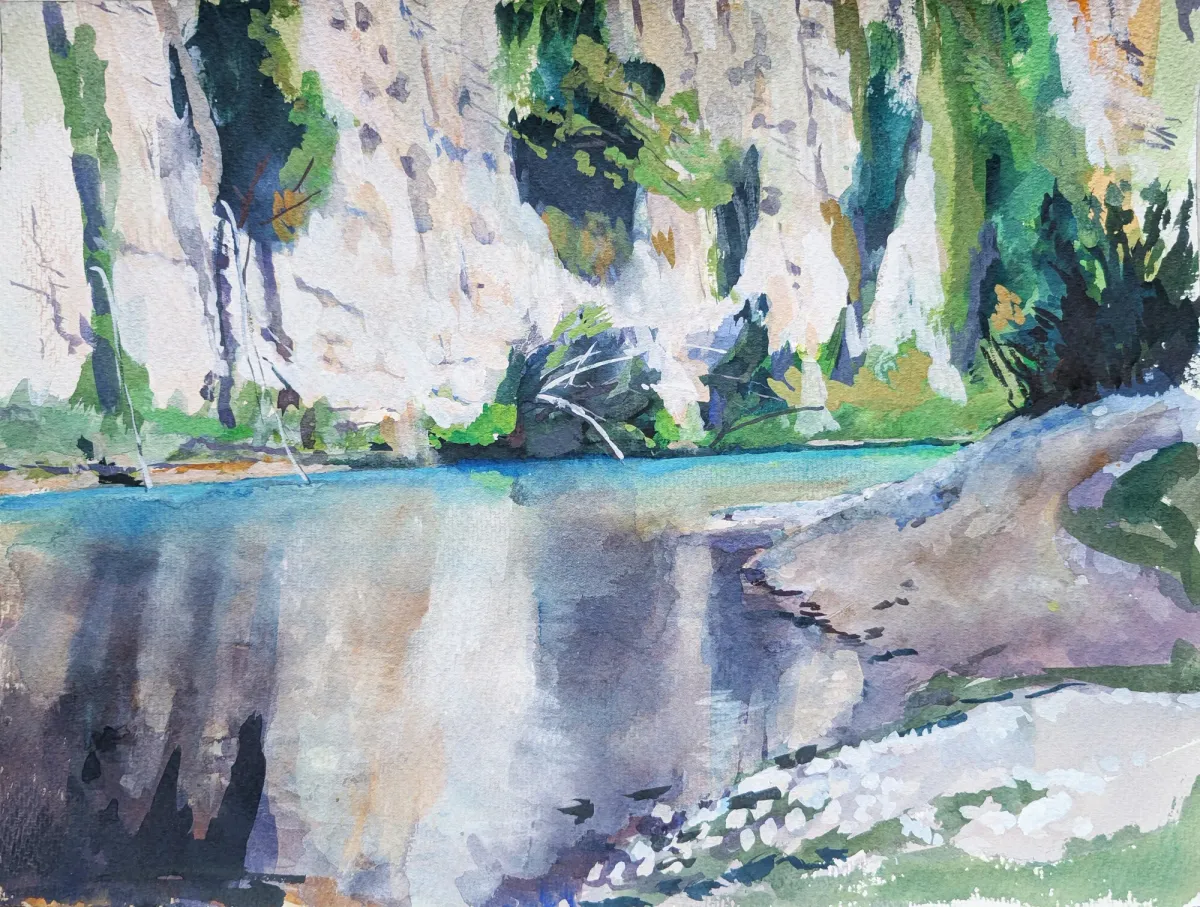 Pantalica Psychedelic Colours on Anapo River - Painting of Pantalica canyon, Sicily by Nicholas Stedman