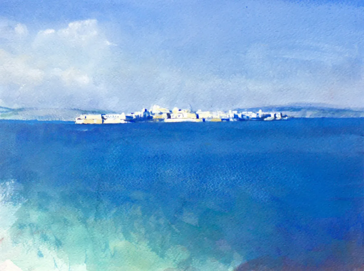 Siracusa Bright Sea View Distant Island - Gouache painting of Siracusa, Sicily by Nicholas Stedman