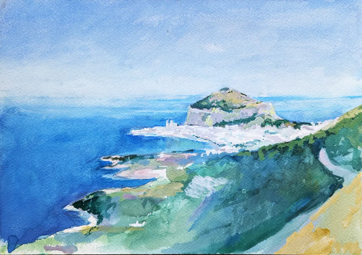 Siracusa Cefalu Distant View Afternoon - Gouache painting by Nicholas Stedman capturing the spirit of the landscape