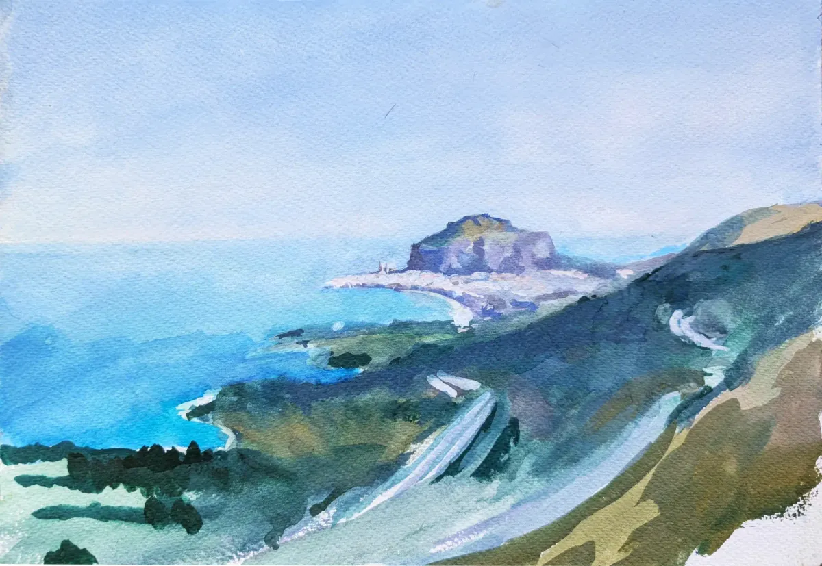 Siracusa Cefalu Distant View - Gouache painting by Nicholas Stedman capturing the spirit of the landscape