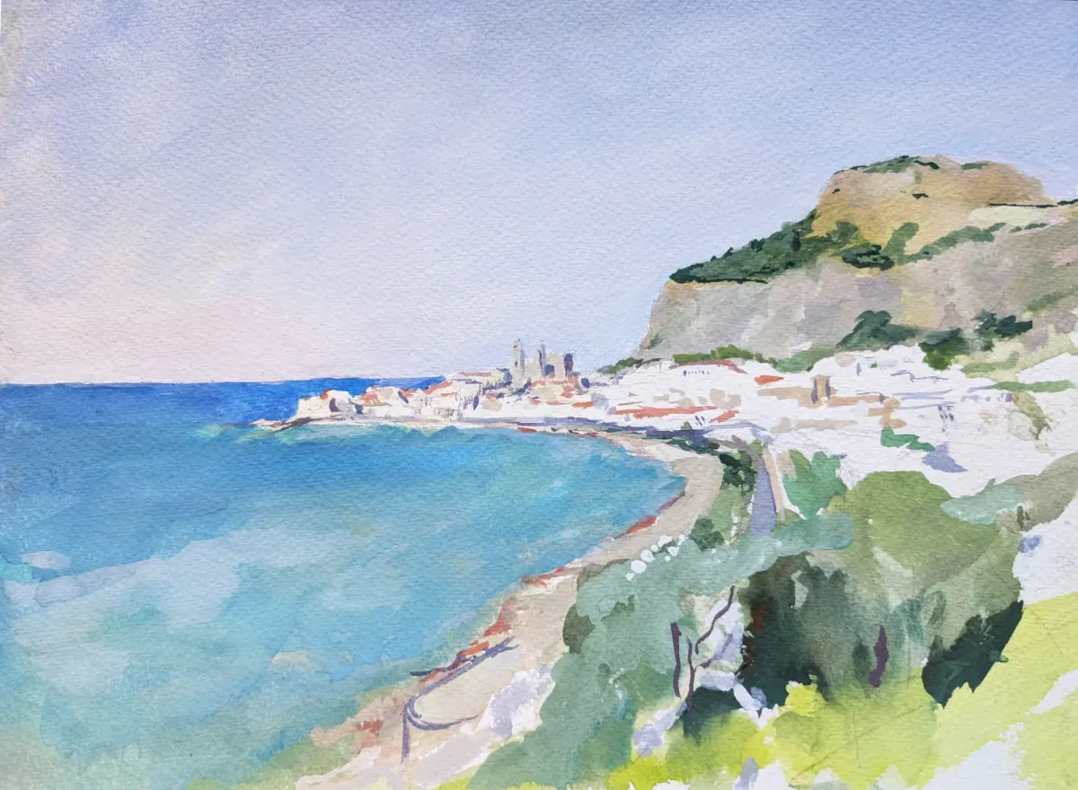 Siracusa Cefalu Famous View August - Gouache painting by Nicholas Stedman capturing the spirit of the landscape