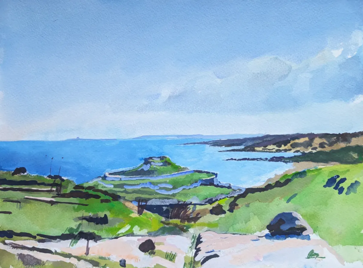 Siracusa Eloro Temple View Vendicari - Gouache painting of Siracusa, Sicily by Nicholas Stedman