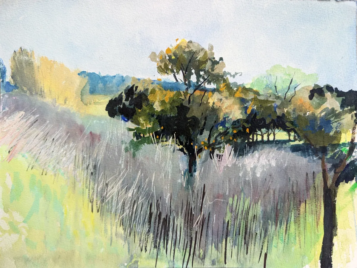 Siracusa Landscape With Orange Tree - Gouache painting of Siracusa, Sicily by Nicholas Stedman