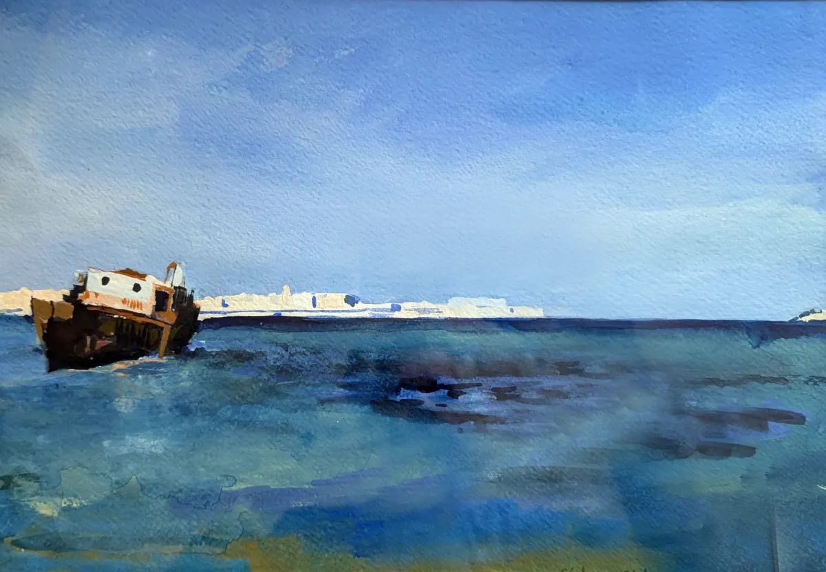 Siracusa Ortigia With Ship Wreck - Gouache painting of Siracusa, Sicily by Nicholas Stedman