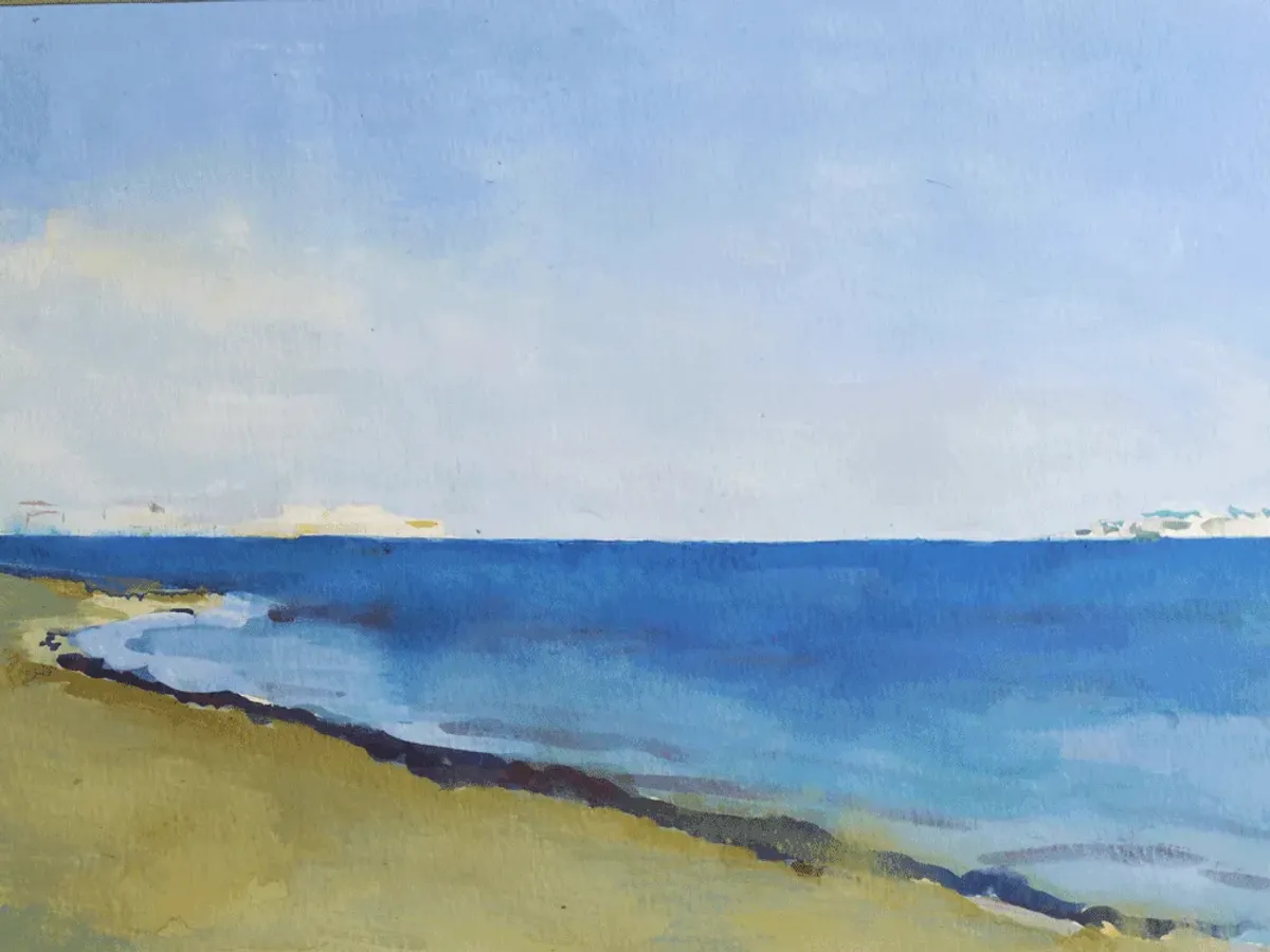 Siracusa Out To Sea Ortigia Sicily - Gouache painting of Siracusa, Sicily by Nicholas Stedman