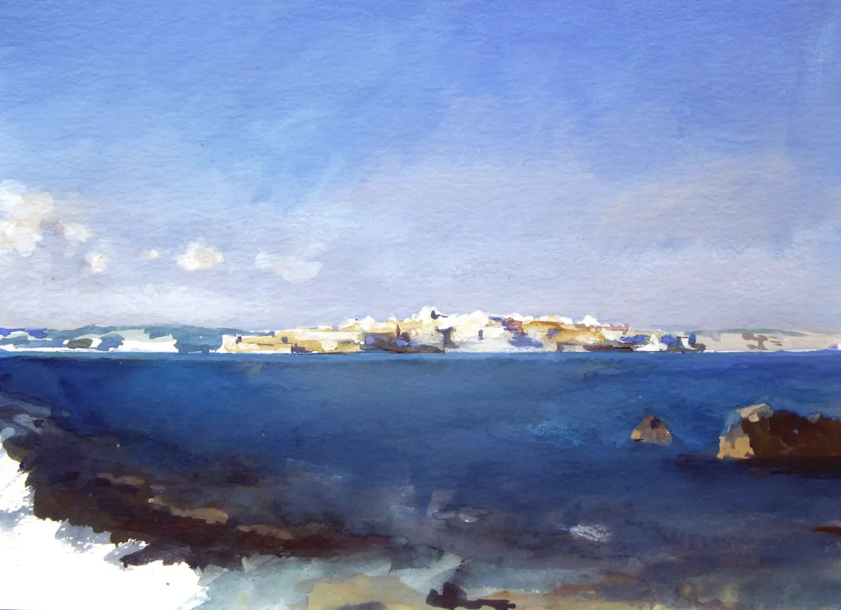 Siracusa Sea View Ortigia From Isola - Gouache painting of Siracusa, Sicily by Nicholas Stedman