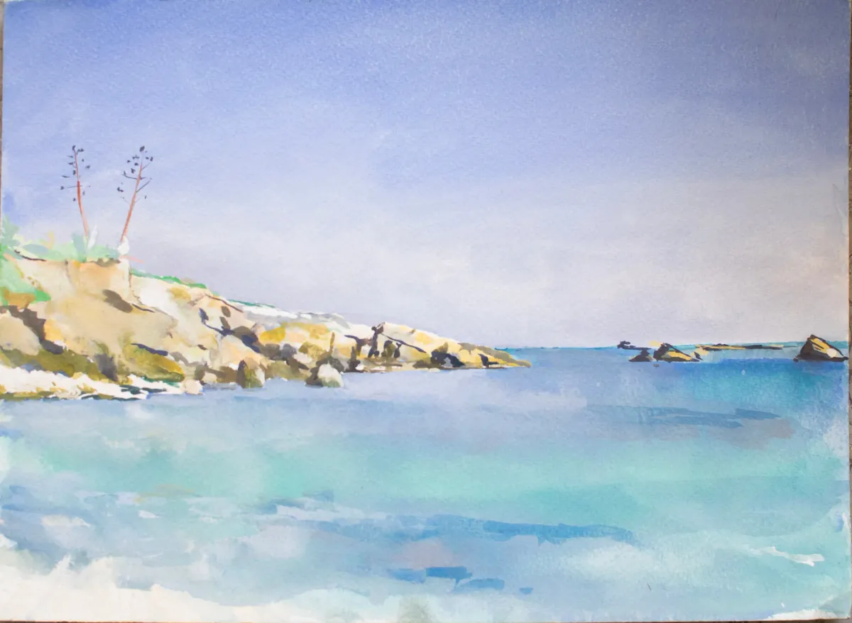 Siracusa Spiaggia Di Gallina Avola - Gouache painting of Siracusa, Sicily by Nicholas Stedman