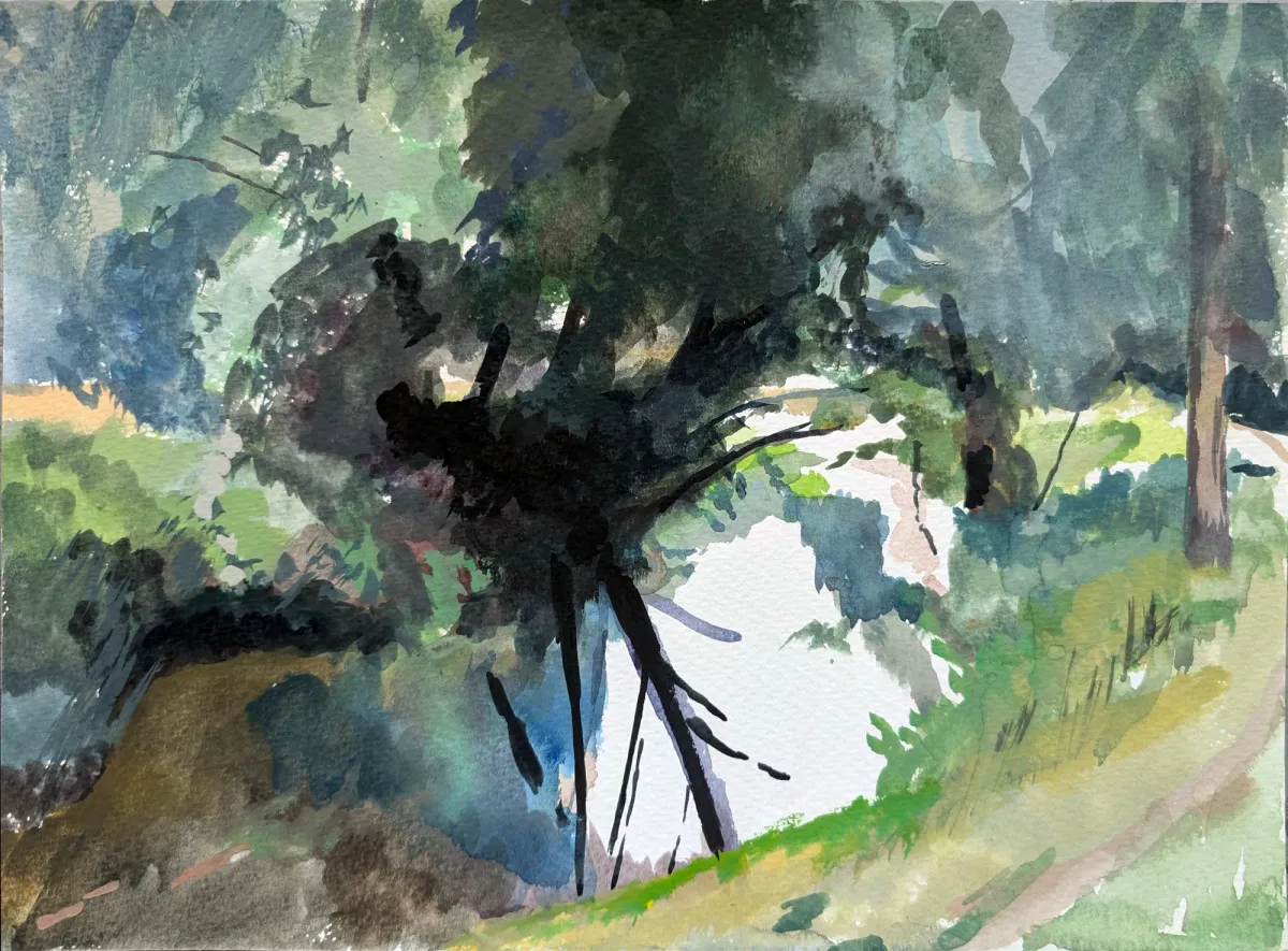 Stour Across The River Canterbury - Gouache painting of the River Stour, Kent by Nicholas Stedman