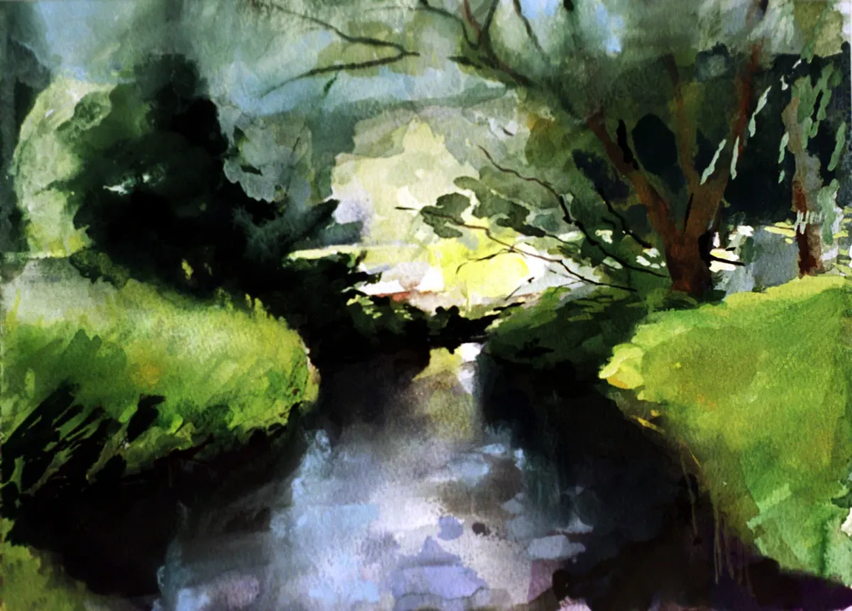 Stour Bright Light Above River - Gouache painting of the River Stour, Kent by Nicholas Stedman