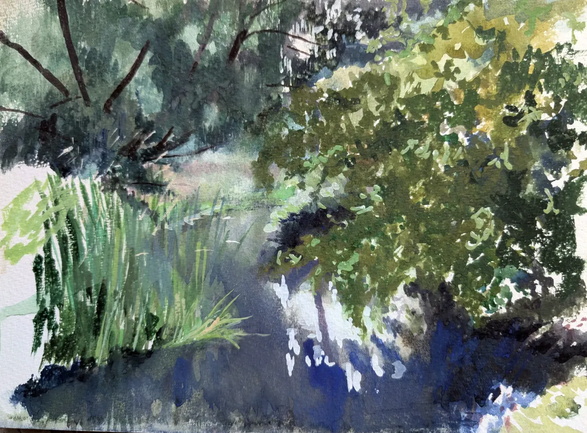 Stour Dappled Willows And Reflections - Gouache painting of the River Stour, Kent by Nicholas Stedman