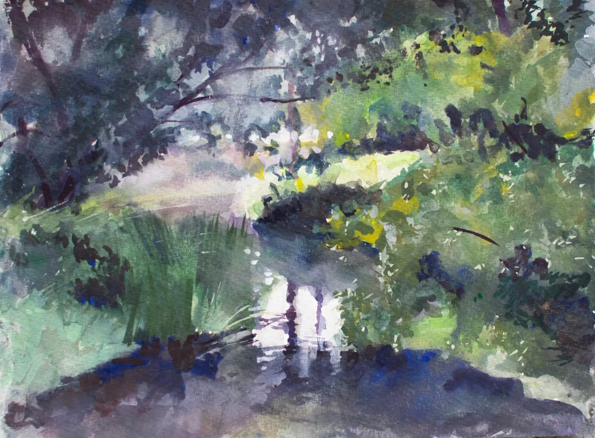 Stour Rippling River Canterbury - Gouache painting of the River Stour, Kent by Nicholas Stedman