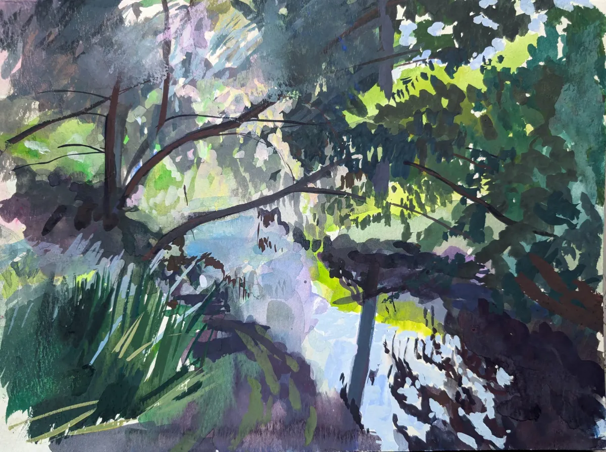 Stour River Reflections Along Path - Gouache painting of the River Stour, Kent by Nicholas Stedman