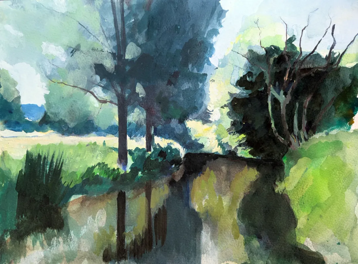 Stour Riverbank Catching Sune Willows - Gouache painting of the River Stour, Kent by Nicholas Stedman