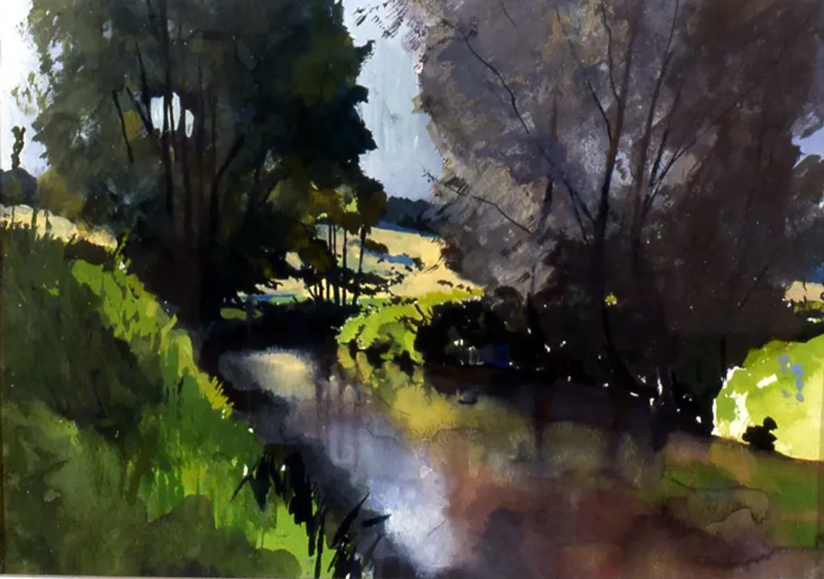 Stour Riverscape Banks - Gouache painting of the River Stour, Kent by Nicholas Stedman