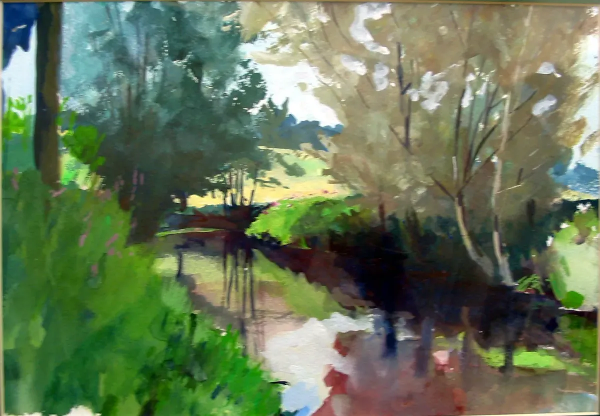Stour Riverscape Near Godmersham - Gouache painting of the River Stour, Kent by Nicholas Stedman