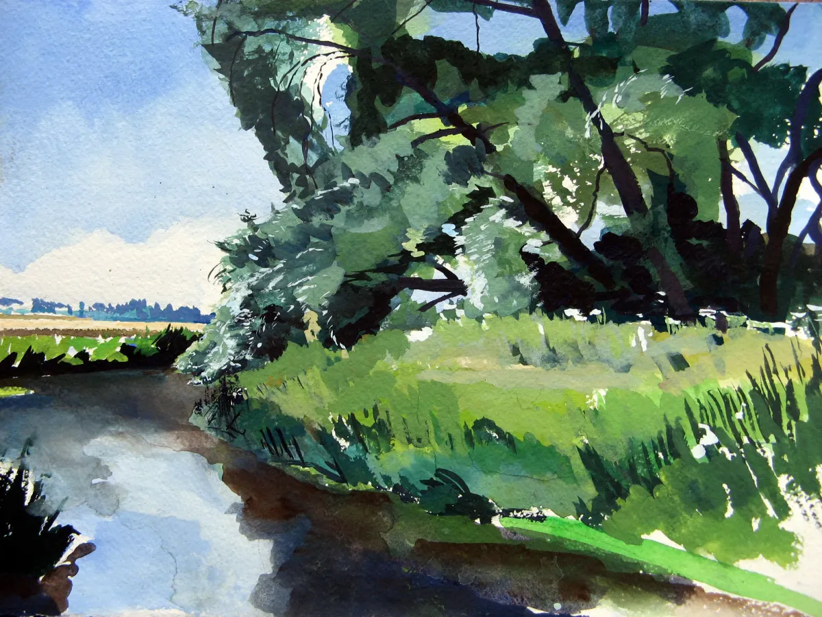 Stour Summer River Bend - Gouache painting of the River Stour, Kent by Nicholas Stedman