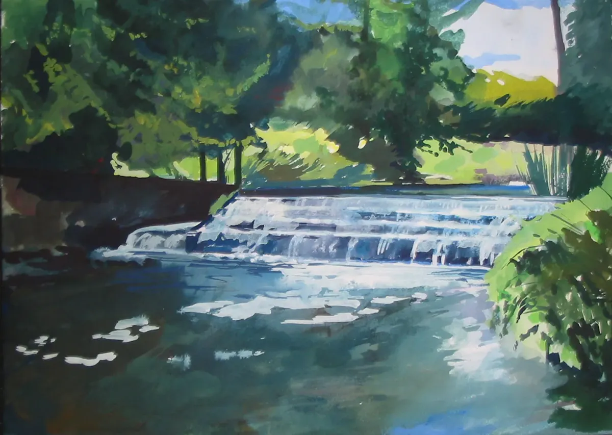 Stour Weir Near Godmersham Canterbury - Gouache painting of the River Stour, Kent by Nicholas Stedman