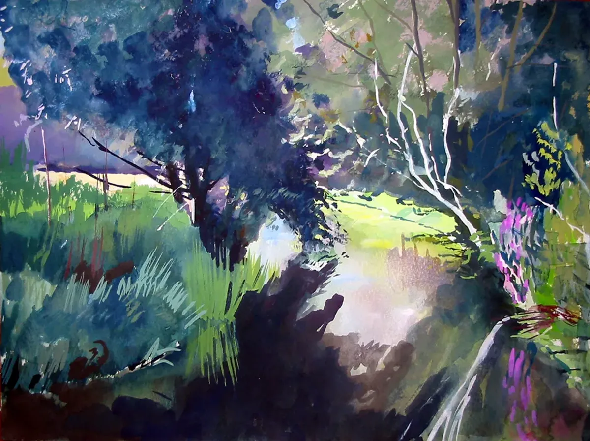 Stour With Flash Purple Loosestrife - Gouache painting of the River Stour, Kent by Nicholas Stedman